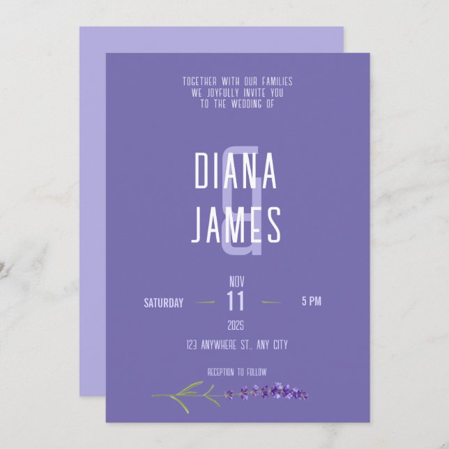Convite Casamento de Script de Lavanda Moderna (Frente/Verso)
