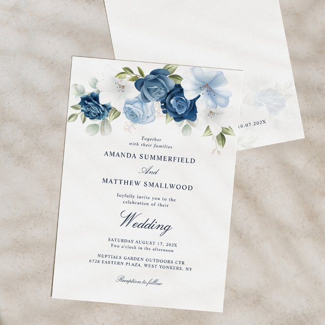 Convite Casamento de Script de Marinho Floral Azul Dusty (Dusty Blue Floral Script Minimalist Wedding Invitation)