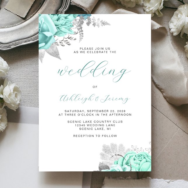 Convite Casamento de Script de Prata de Aqua Floral Elegan (Criador carregado)