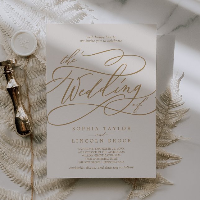 Convite Casamento de Script de Rico Elegante de Creme Dour (SOPHIA Gold Cream Elegant Fancy Script Wedding Invitation)