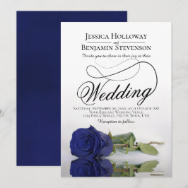 Convite Casamento de Script de Rosa Azul Elegante Marinho