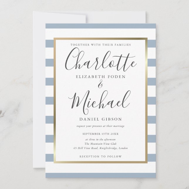 Convite Casamento de Script de Stripe Azul Elegante Dusty (Frente)