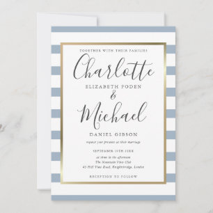 Convite Casamento de Script de Stripe Azul Elegante Dusty