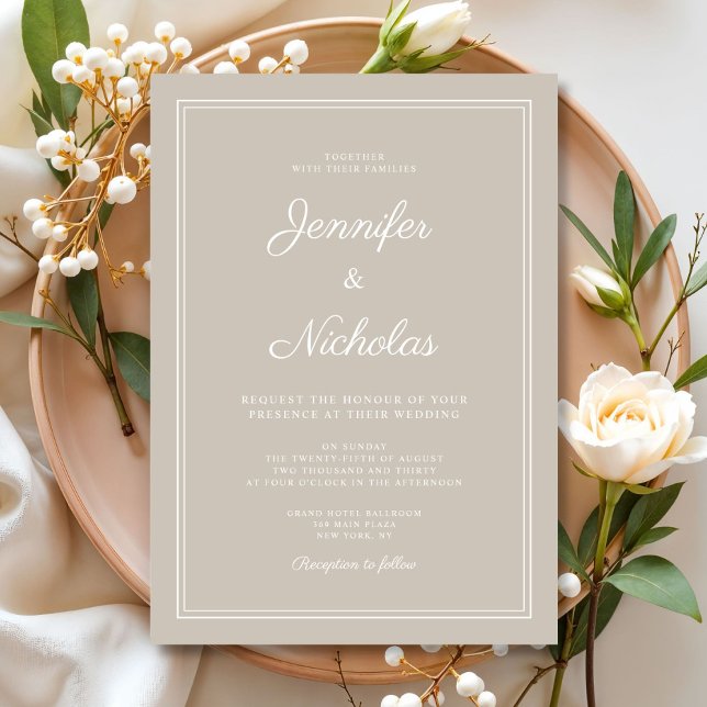 Convite Casamento de Script de Taupe Moderno Elegante (Elegant Modern Taupe Script Wedding Invitation)