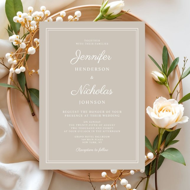 Convite Casamento de Script de Taupe Moderno Elegante (Elegant Formal Taupe Wedding Invitation)