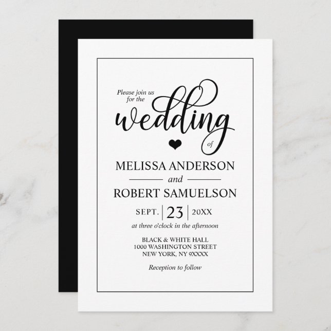 Convite Casamento de Script do Coração Branco Clássico Ele (Frente/Verso)