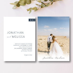 Convite Casamento de Script do Monograma Azul e Branco Clá