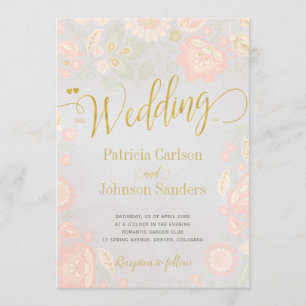 Convite Casamento de Script Dourado de Peach Cream e Blush