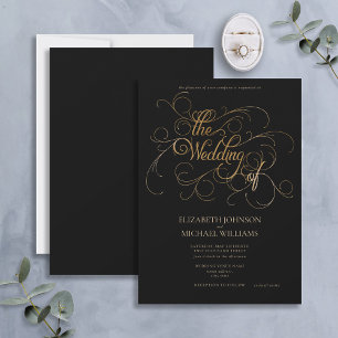 Convite Casamento de Script Dourado e Preto Moderno Elegan