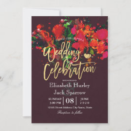 Convite Casamento de Script Dourado Floral de Burgundy Red