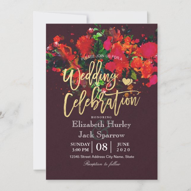 Convite Casamento de Script Dourado Floral de Burgundy Red (Frente)