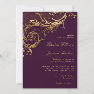 Convite Casamento de Script Dourado Floral de Damasco com