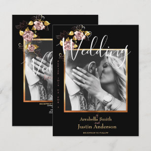 Convite Casamento de Script Dourado Floral Preto Foto Pers