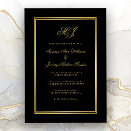 Convite Casamento de Script Dourado Monograma Preto Elegan
