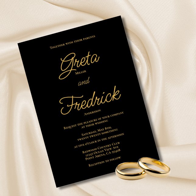 Convite Casamento de Script Dourado Negro Elegância Simple (Criador carregado)