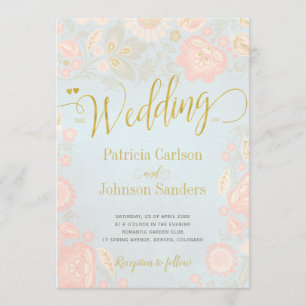Convite Casamento de Script Dourado Peach Cream e Blue Pri