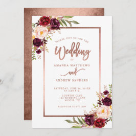 Convite Casamento de Script Dourado Rosa Floral Burgundy