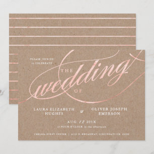 Convite Casamento de Script Dourado Rustic Kraft & Rosa