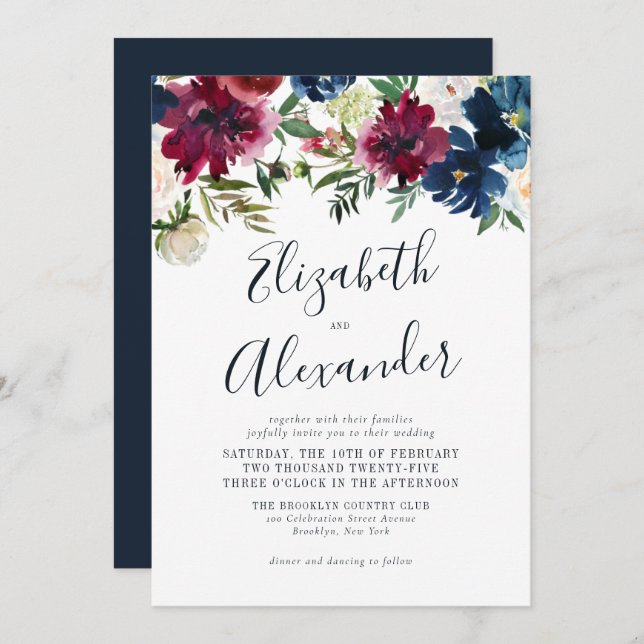 Convite Casamento de Script Elegante Azul Burgundy, Marinh (Frente/Verso)