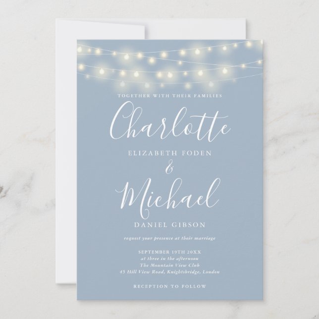 Convite Casamento de Script Elegante Azul Dusty Lights (Frente)