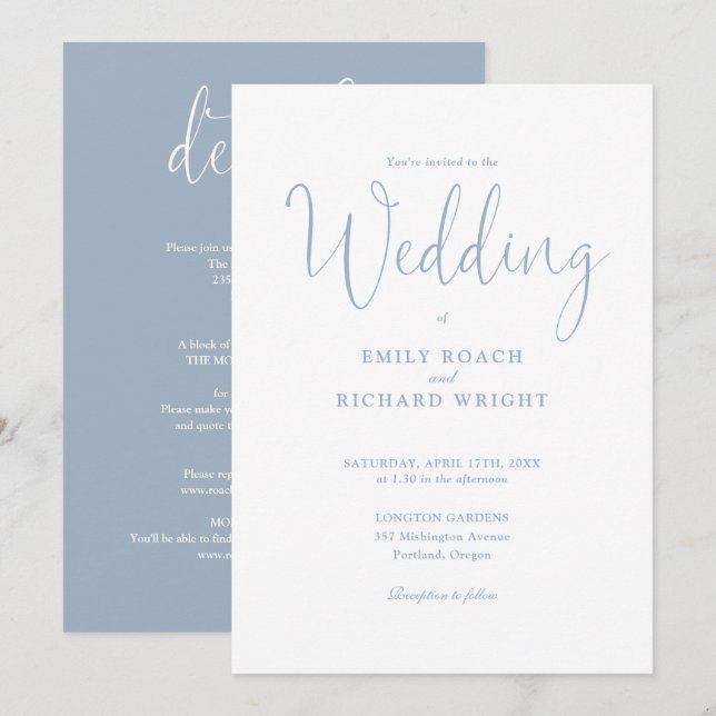 Convite Casamento de Script Elegante Azul Empoeirado Tudo  (Frente/Verso)