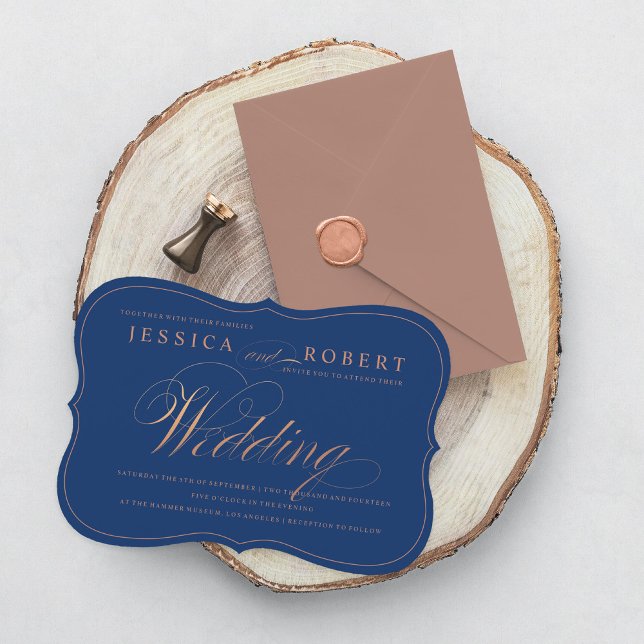 Convite Casamento de Script Elegante Azul-Marinho e Dourad (Criador carregado)