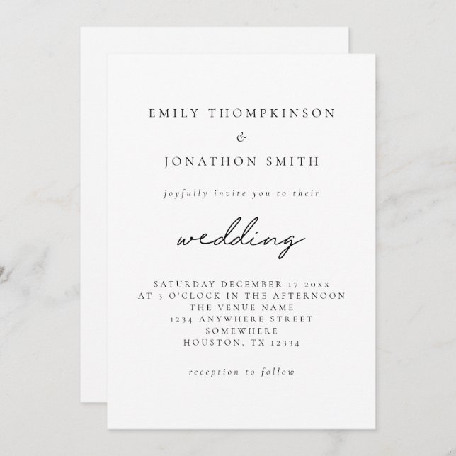 Convite Casamento de Script Elegante Branco Negro Simples (Frente/Verso)