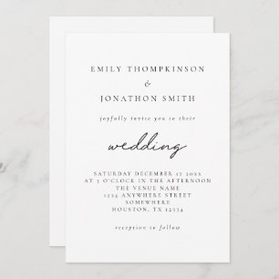 Convite Casamento de Script Elegante Branco Negro Simples