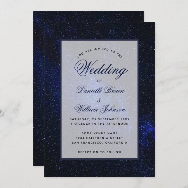 Convite Casamento de Script Elegante Celestial da Starry N (Frente/Verso)