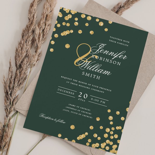 Convite Casamento de Script Elegante Confetti Emerald Gree (Elegant Script Wedding Gold Confetti Emerald Green Invitation)