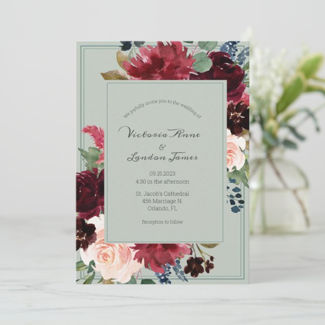 Convite Casamento de Script Elegante de Blush Verde Floral (Em pé/Frente)