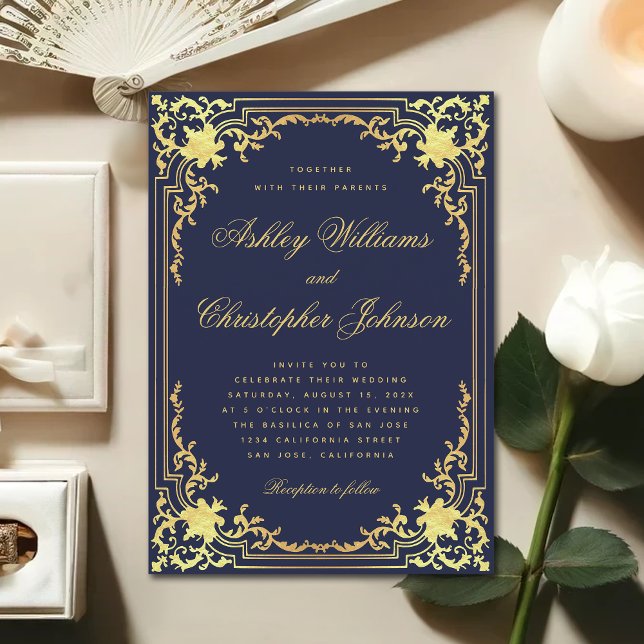 Convite Casamento de Script Elegante Dourado  Azul Faux Fa (Criador carregado)