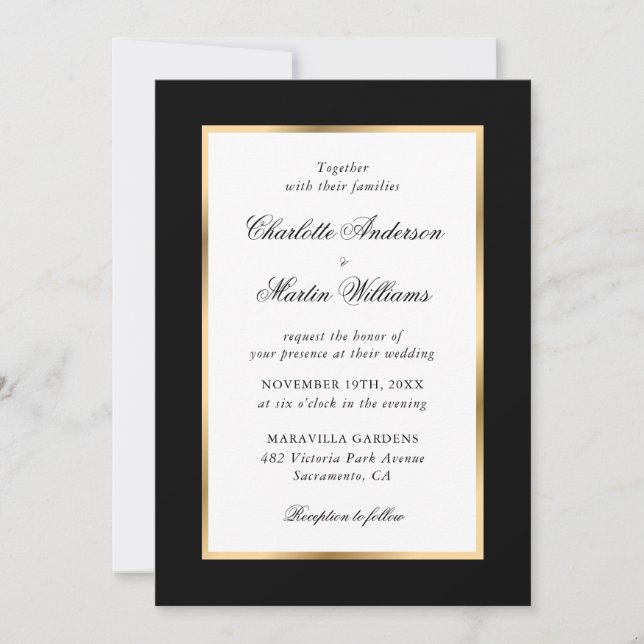 Convite Casamento de Script Elegante Dourado Preto (Frente)