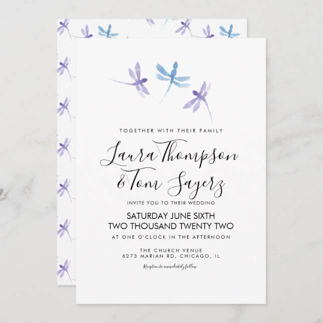 Convite Casamento de Script Elegante Dragonfly (Frente/Verso)