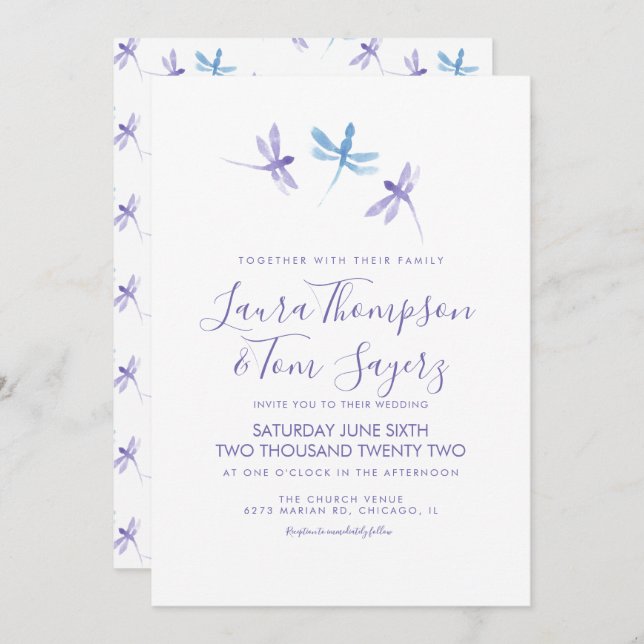 Convite Casamento de Script Elegante Dragonfly (Frente/Verso)
