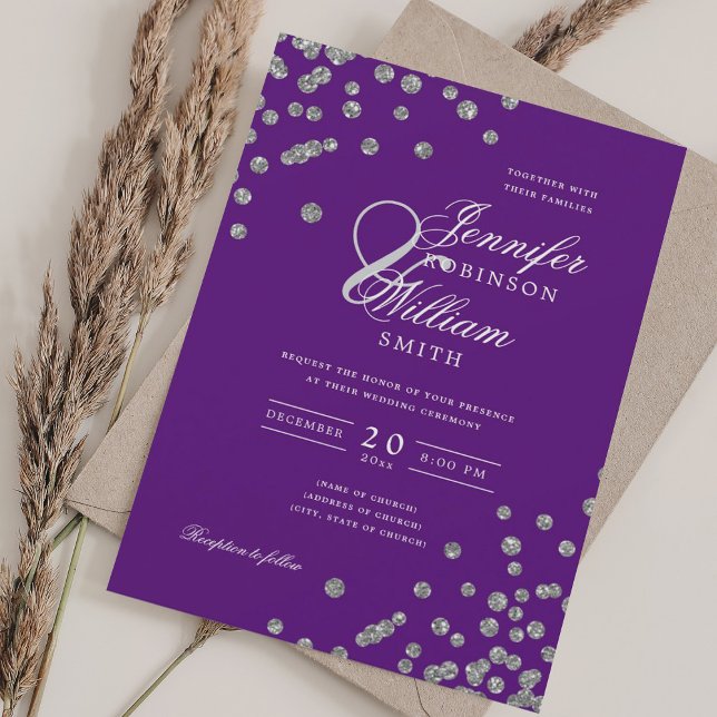 Convite Casamento de Script Elegante Prata Confetti QR Rox (Elegant Script Wedding Silver Confetti QR Purple Invitation)