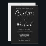 Convite Casamento De Script Elegante Preto E Branco<br><div class="desc">Apresentando nomes de estilo de assinatura,  este elegante convite de casamento preto e branco pode ser personalizado com suas informações em caracteres brancos. Projetado por Thisnotme©</div>