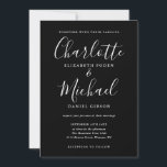 Convite Casamento De Script Elegante Preto E Branco<br><div class="desc">Apresentando nomes de estilo de assinatura,  este elegante convite de casamento preto e branco pode ser personalizado com suas informações em caracteres brancos. Projetado por Thisnotme©</div>