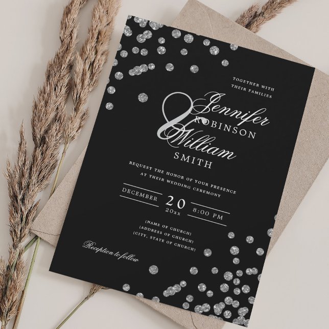 Convite Casamento de Script Elegante Silver Confetti QR Bl (Elegant Script Wedding Silver Confetti QR Black Invitation)