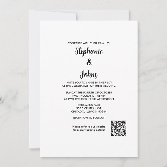 Convite Casamento de Script Elegante Simples com Código QR (Frente)