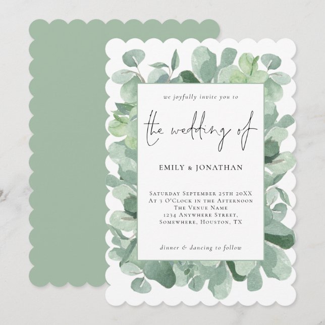 Convite Casamento de Script Eucalyptus Elegante (Frente/Verso)