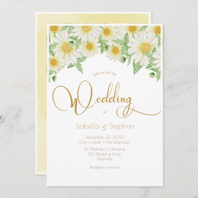 Convite Casamento de Script Floral Amarelo Branco da Daisi (Frente/Verso)