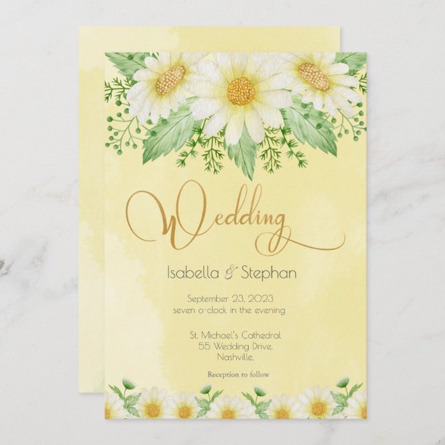 Convite Casamento de Script Floral Amarelo Branco da Daisi (Frente/Verso)