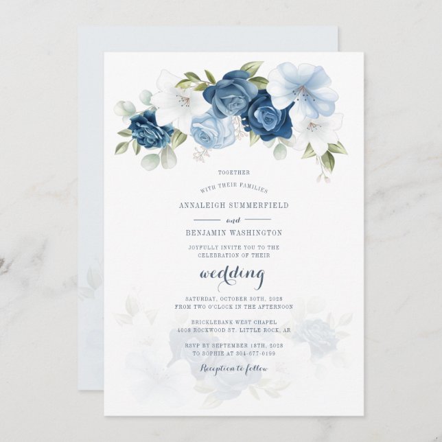Convite Casamento de Script Floral Azul Dusty Botânico Mod (Frente/Verso)