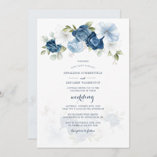Convite Casamento de Script Floral Azul Dusty Botânico Mod