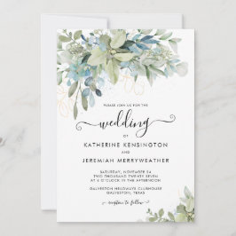 Convite Casamento de Script Floral Azul Elegante Dusty