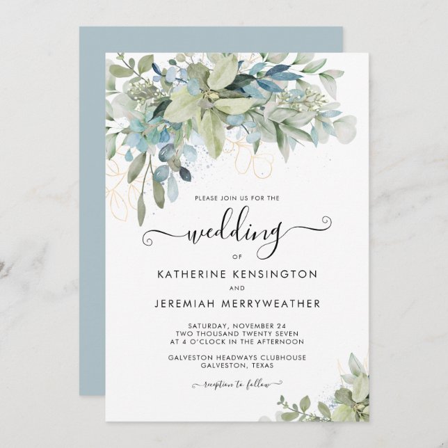 Convite Casamento de Script Floral Azul Elegante Dusty (Frente/Verso)