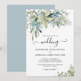Convite Casamento de Script Floral Azul Elegante Dusty