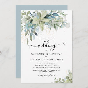 Convite Casamento de Script Floral Azul Elegante Dusty