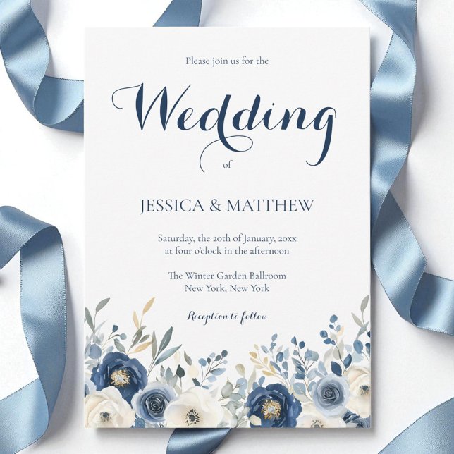 Convite Casamento de Script Floral Azul Marinho de Aquarel (Elegant Watercolor Navy Blue Floral Script Wedding Invitation)